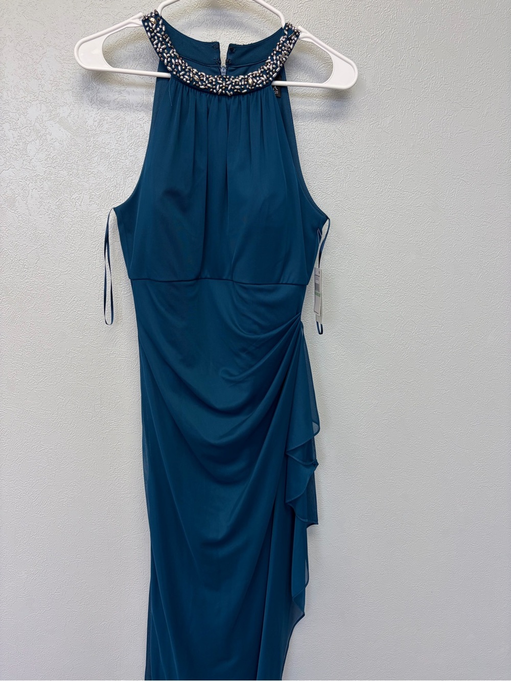 Alex Evenings Teal Halter Beaded Neck Evening Gown